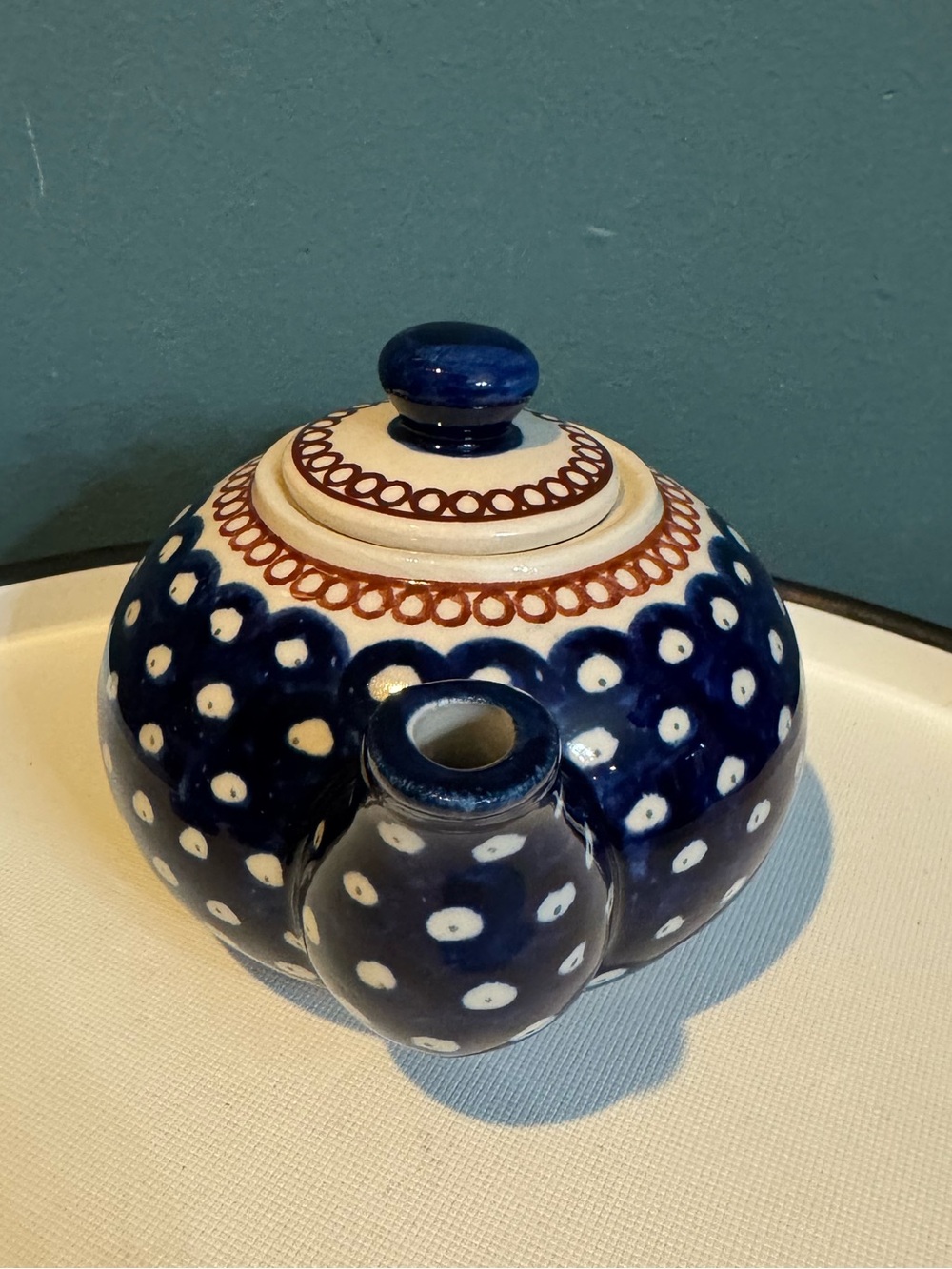Boleslawiec Polish Pottery Small Blue Peacock Polka Dot Teapot - Picture 4 of 8